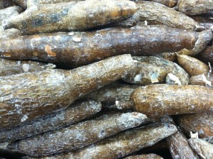 Boiled yuca with onions. View of yuca roots at the supermarket photo (2)